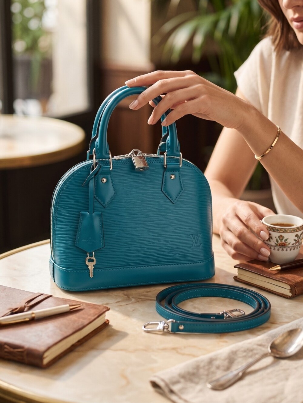 Louis Vuitton Teal Epi Alma BB Satchel with Detachable Strap